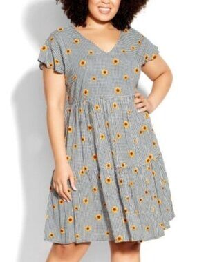 🌻 Loralette Sunflower Gingham Tiered Smock Dress Plus Size 20